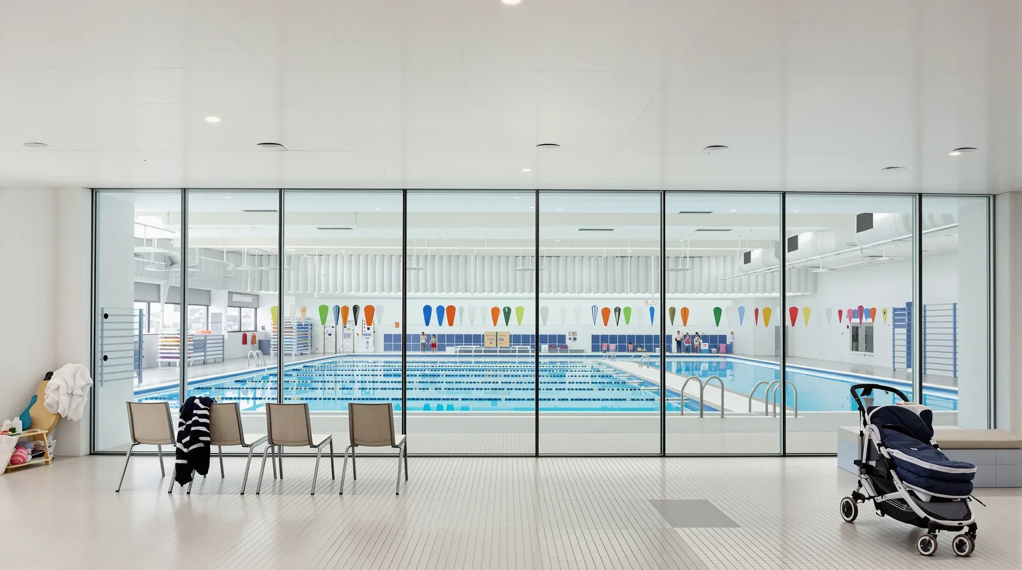 Parents' viewing area behind a glass wall onto an indoor learn-to-swim pool, with chairs and a pram