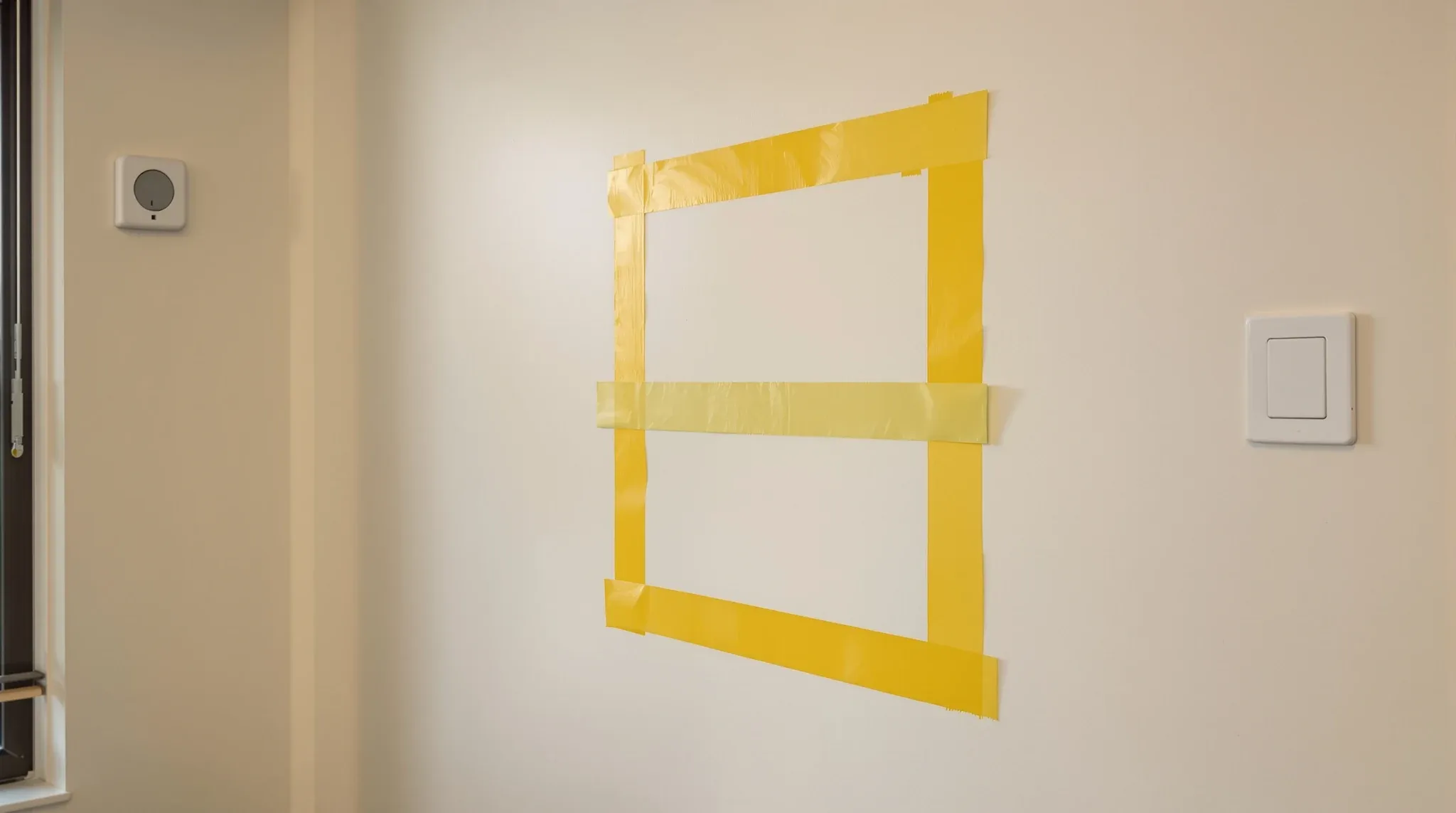 Yellow tape marking a new opening on an office wall that already has power and data outlets