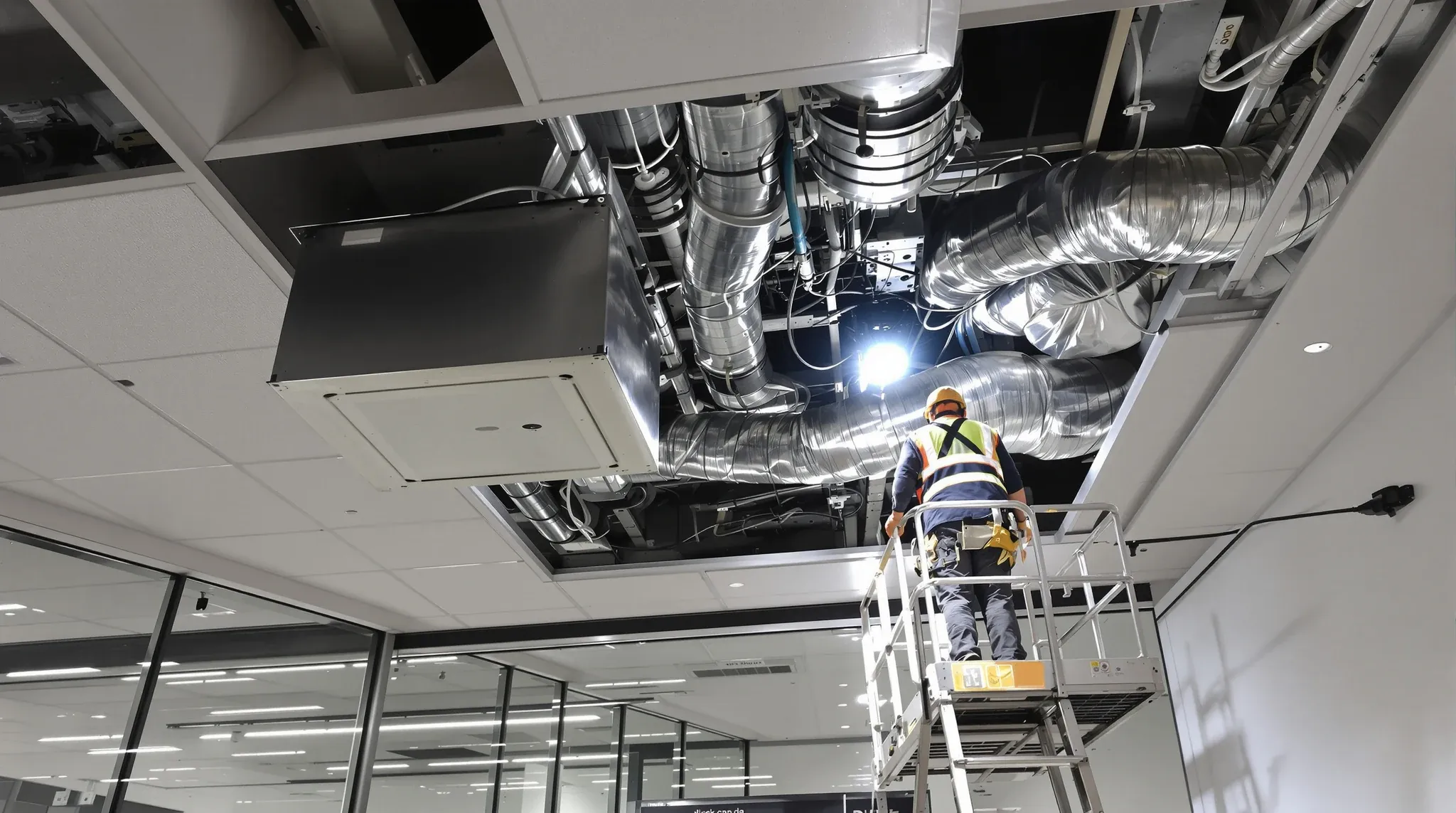An open ceiling above a new meeting room showing ductwork and a technician with a torch