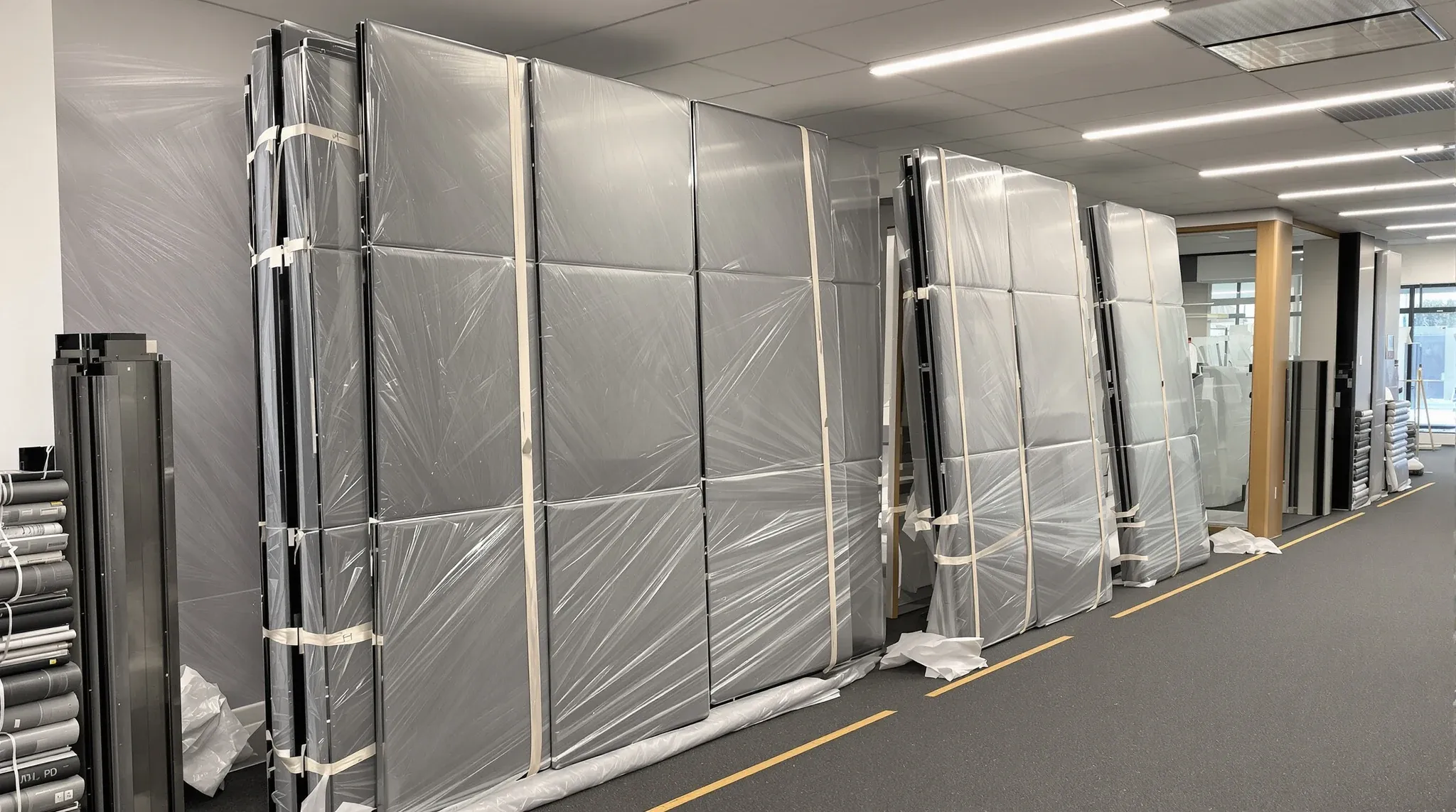 Removed glass partition panels wrapped in grey blankets on a padded stillage in a stripped office