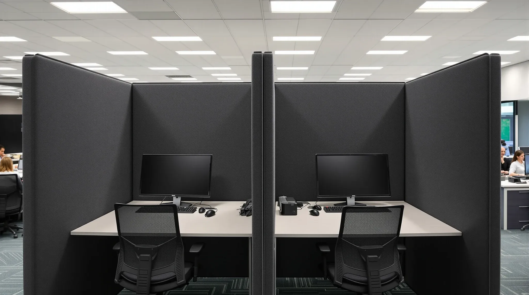 A pod of desks with tall fabric screens and headsets resting at lunchtime