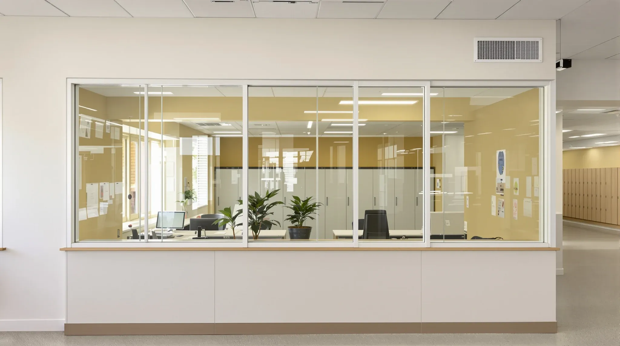 A partition with a solid painted base and glass above around a school administration office