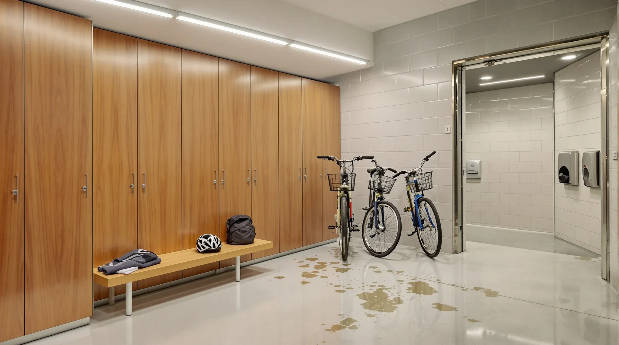An end-of-trip room with lockers, a bench and bikes leaning against the wall