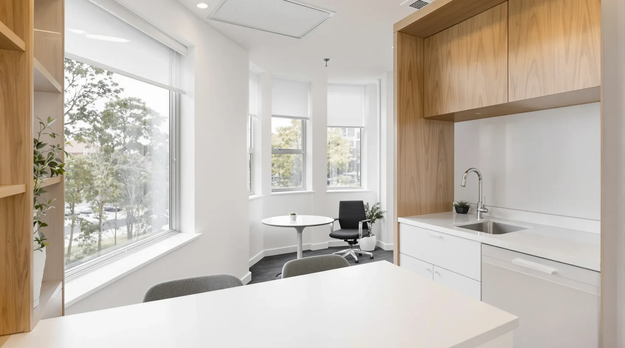 A compact finished office suite with a kitchenette, suited to a first-time tenant