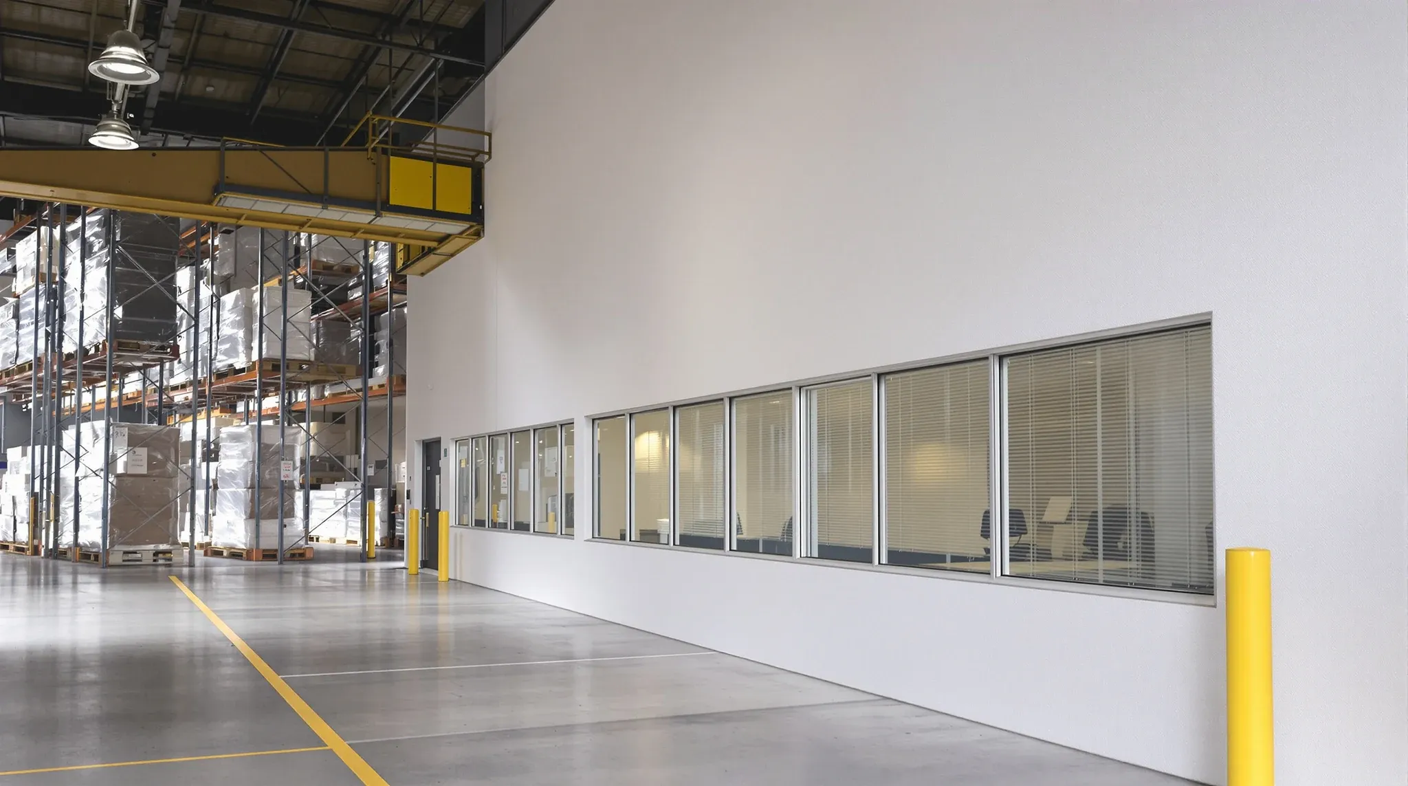The ground-floor office built into one end of a warehouse, with pallet racking on the floor beside it