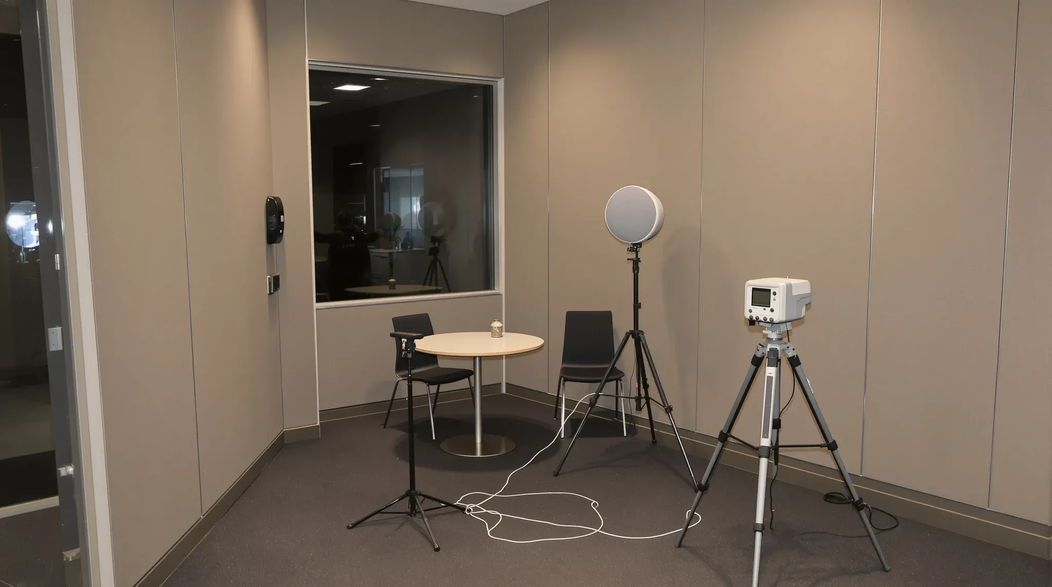 An acoustic test loudspeaker and a sound meter on a tripod set up in an empty office meeting room at night