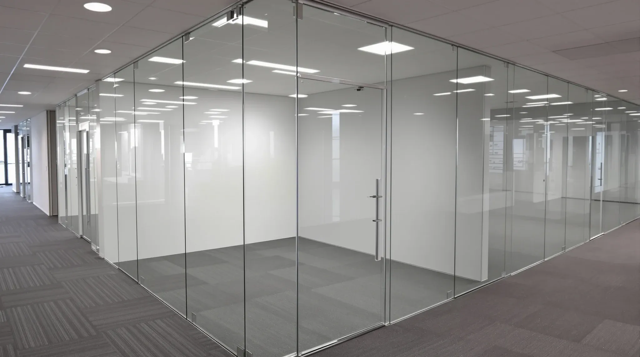 A finished glass office partition and door in an empty floor ready for handover