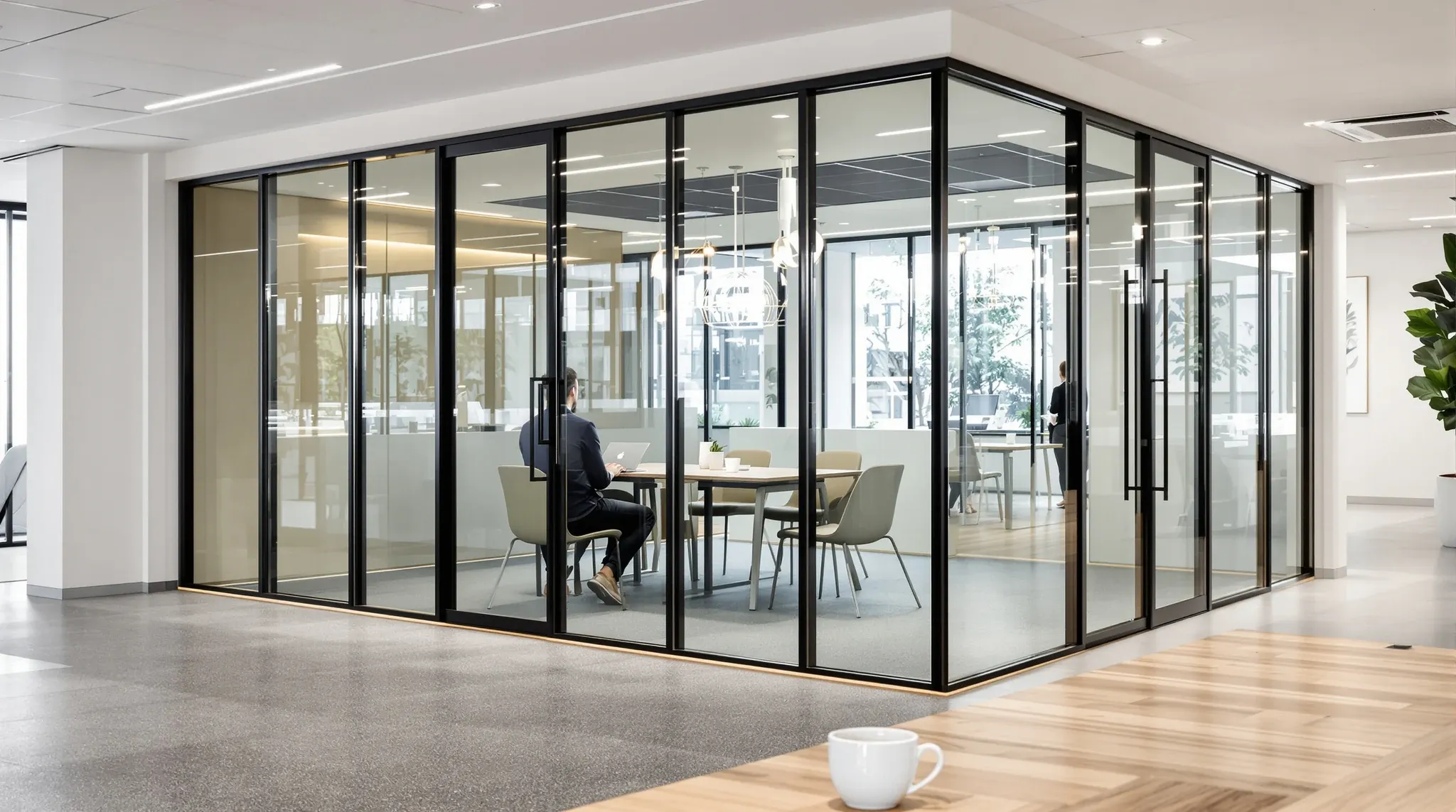 A glass meeting room in use across an open office, seen past a desk in the foreground
