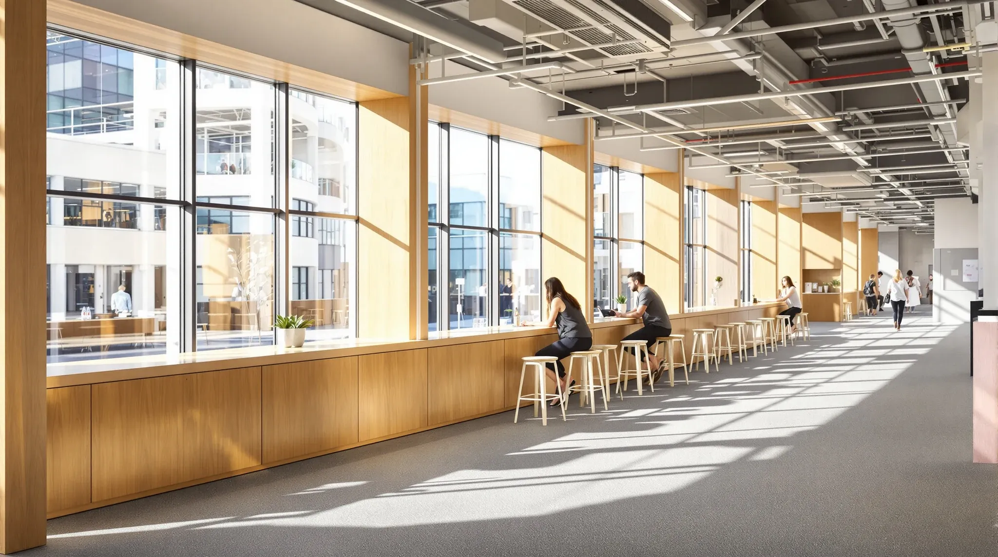 A long counter along office windows, with low winter sun reaching deep into the floor