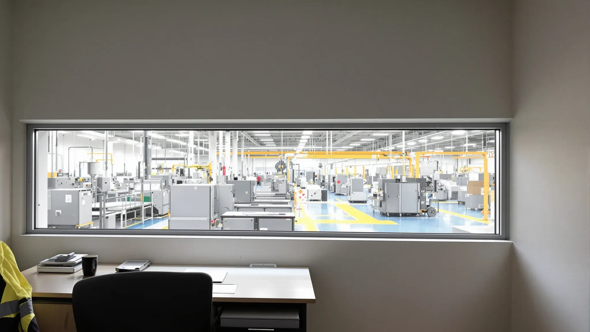 Supervisor's office with a desk and a hi-vis jacket, looking through a long viewing window onto a factory floor