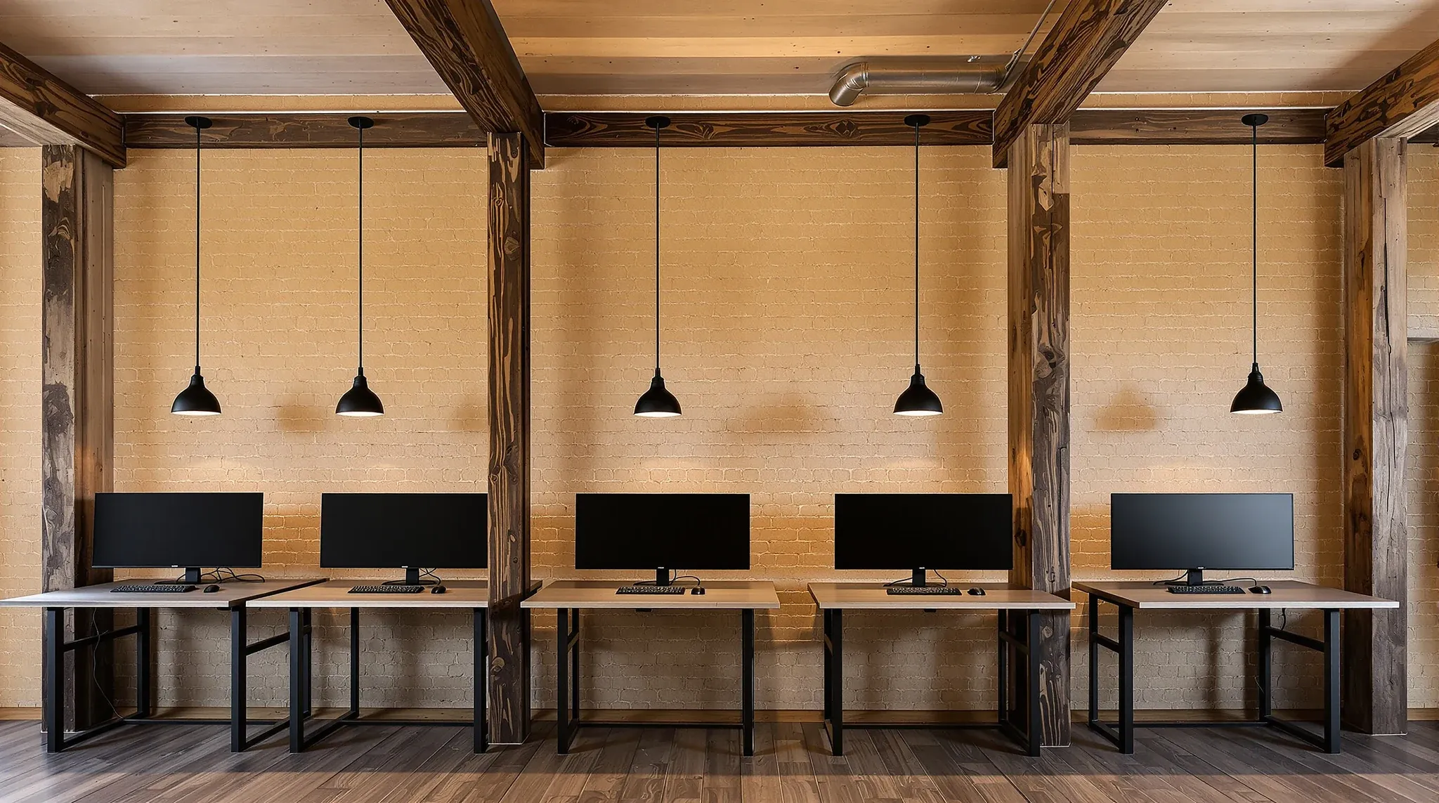 Desks beside a sandstone wall under heavy timber beams and a new silver duct in a heritage office