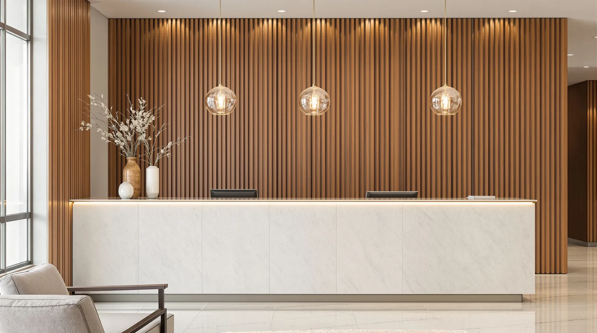 An office reception with a travertine desk, globe pendants and a plain walnut batten wall, seen from the lounge