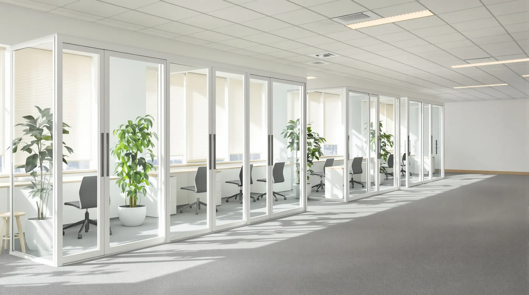 A row of small glass offices along the windows letting morning light through onto the desks beyond