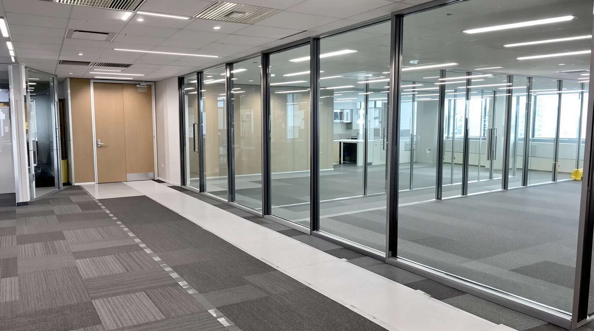 A new glass meeting room wall on a finished office floor with grey protection sheets taped along the carpet