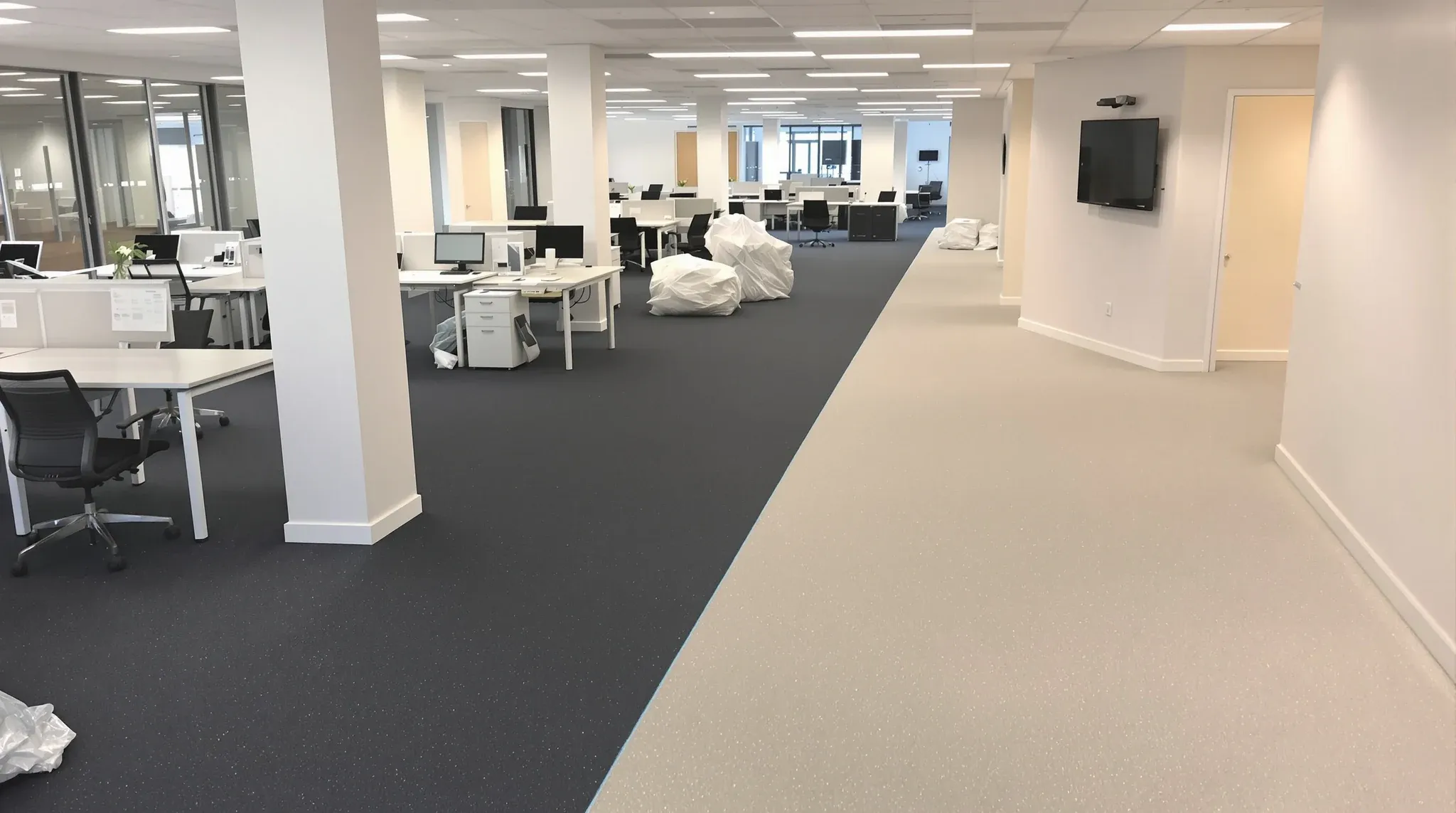 New charcoal carpet meeting old blue carpet in a straight line across an office being refurbished