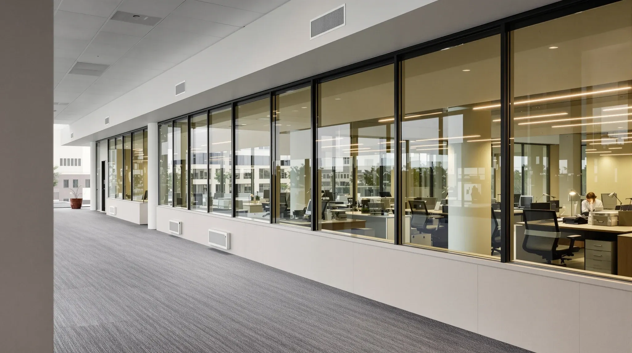 Glass offices along the window line of a 1980s tower floor with a low ceiling and deep beams