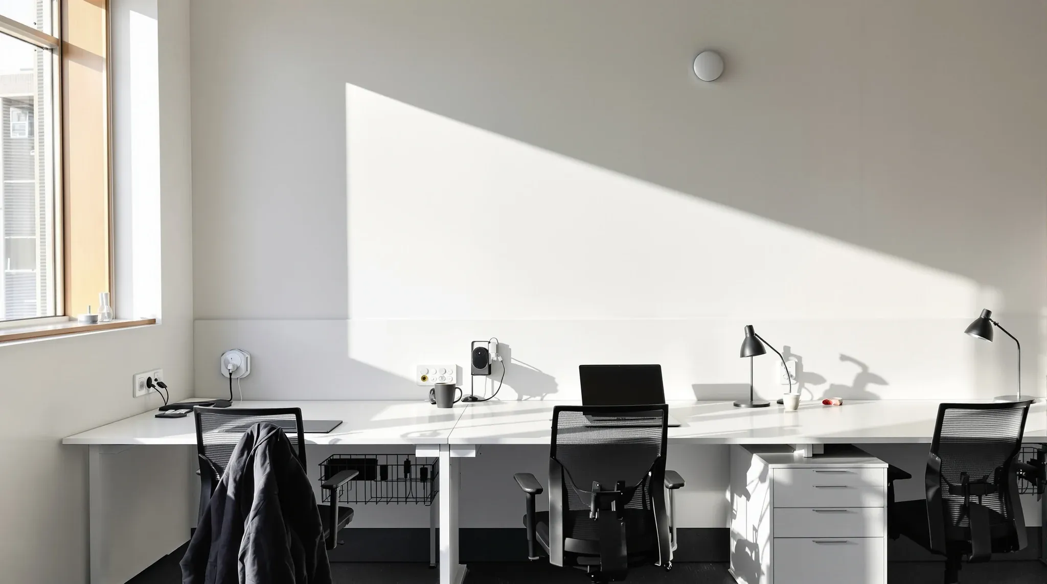 A long bench desk with power modules fitted at every position, including empty ones