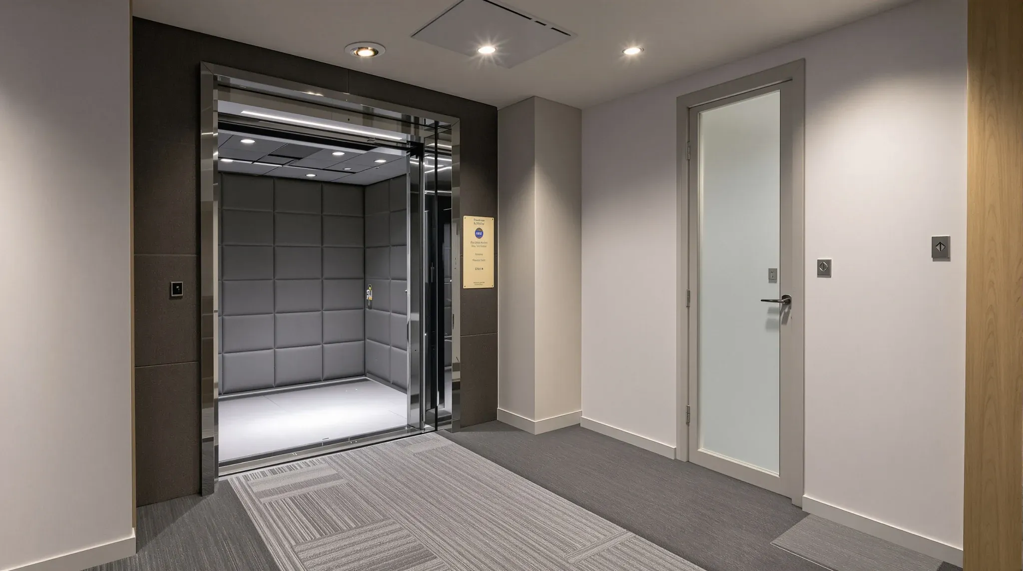 A shared office corridor at night, with floor protection leading from the goods lift into a tenancy under works