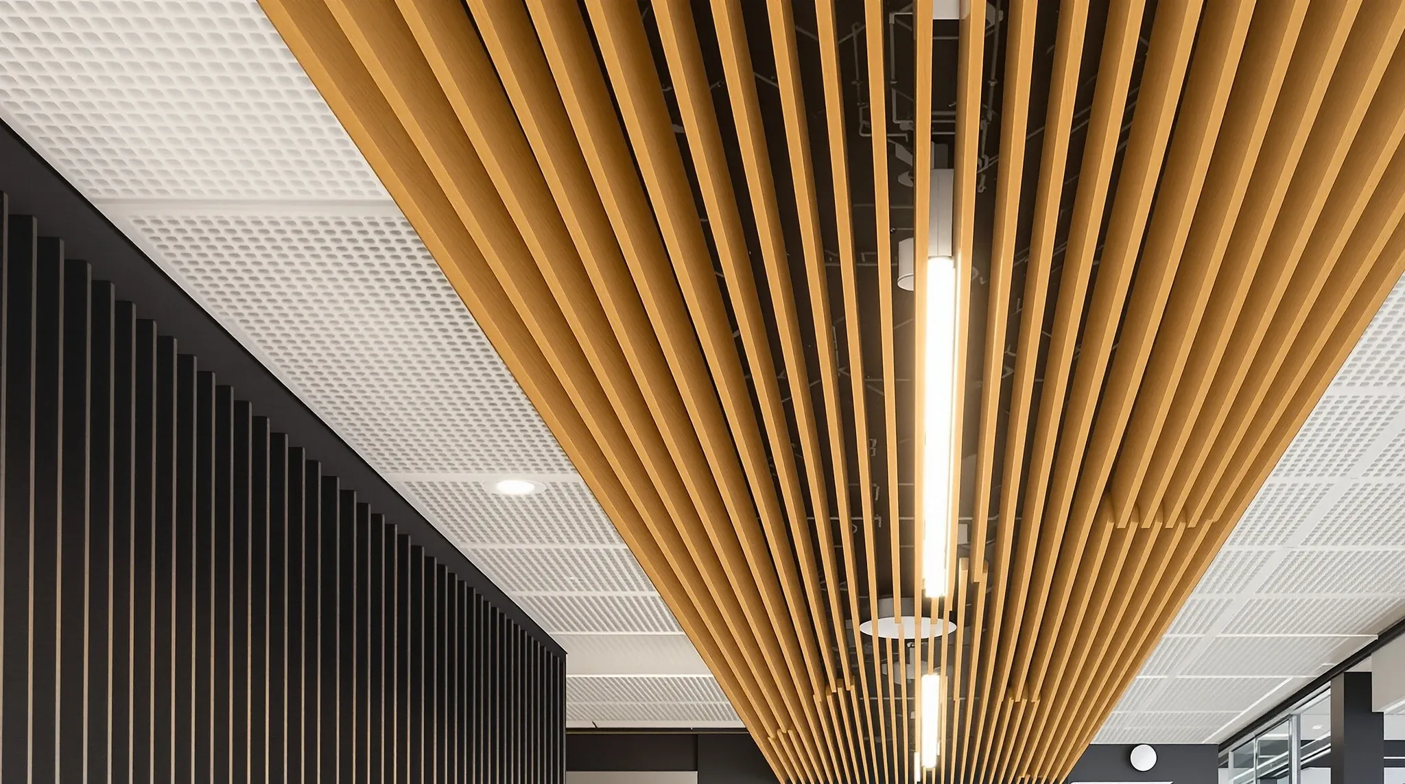 Office breakout area under a timber batten ceiling with linear lights between the battens