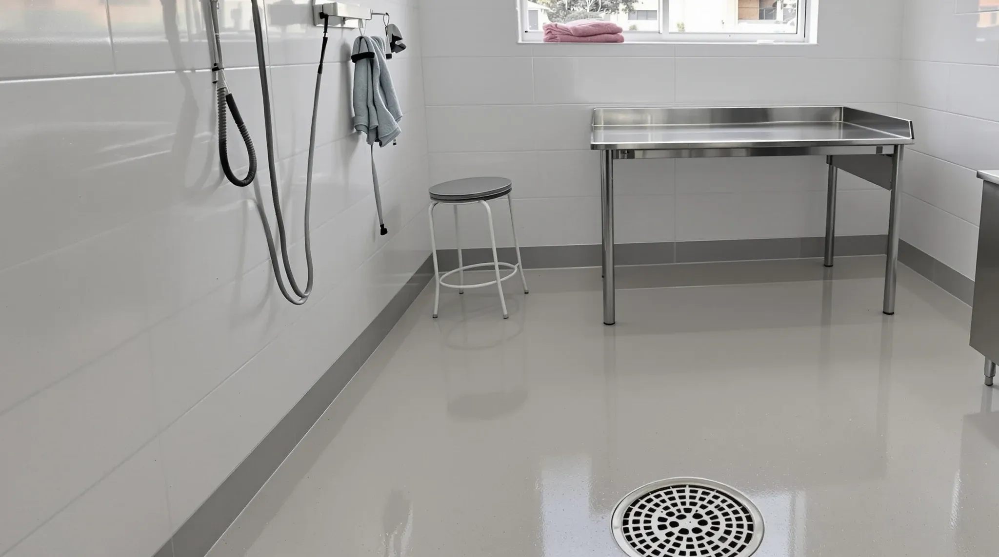 Veterinary hospital ward with solid kennels, coved vinyl floor draining to a floor waste and a wash-down tub