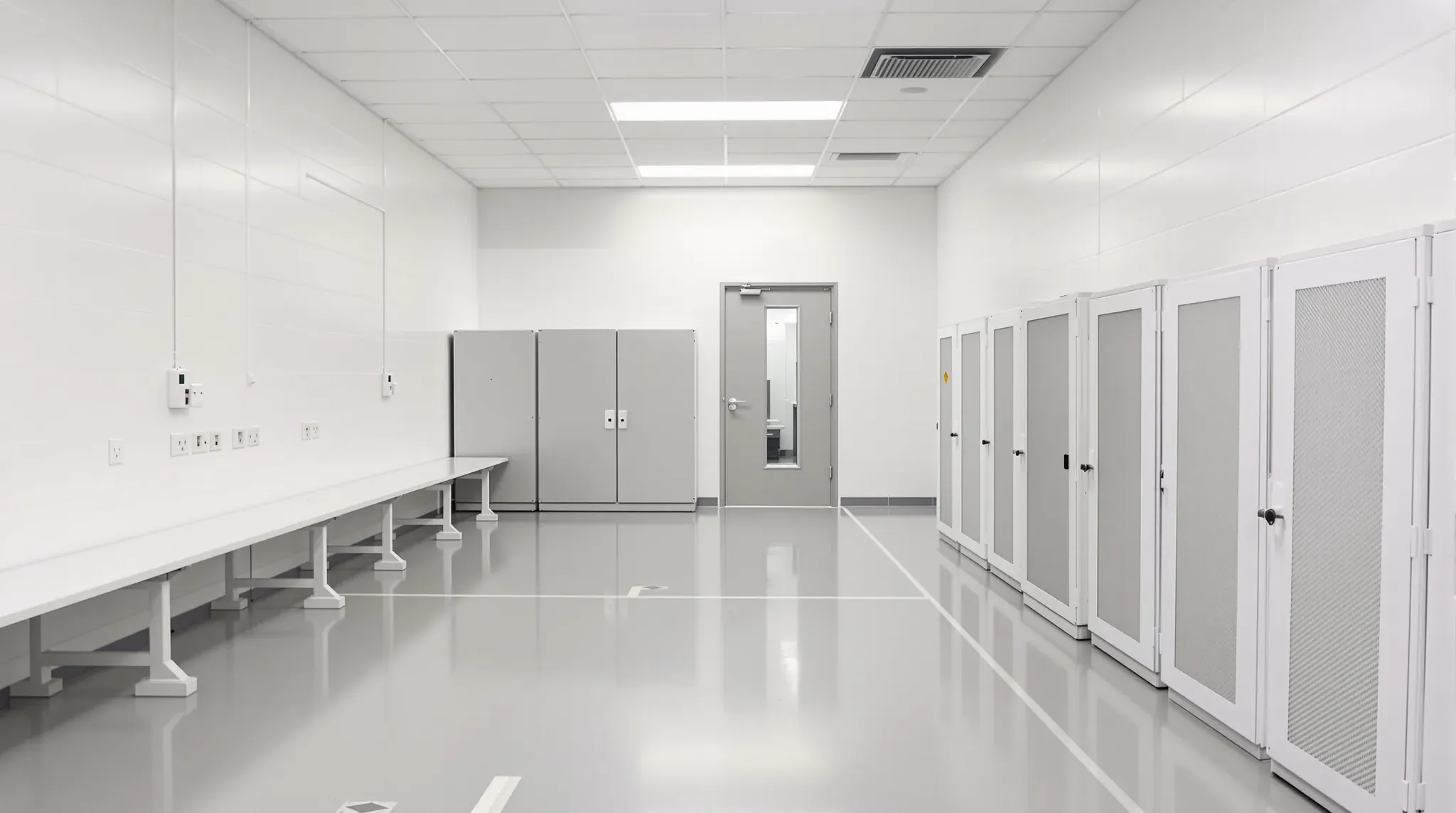 Data centre staging room with long white benches, power outlets and a row of storage cabinets