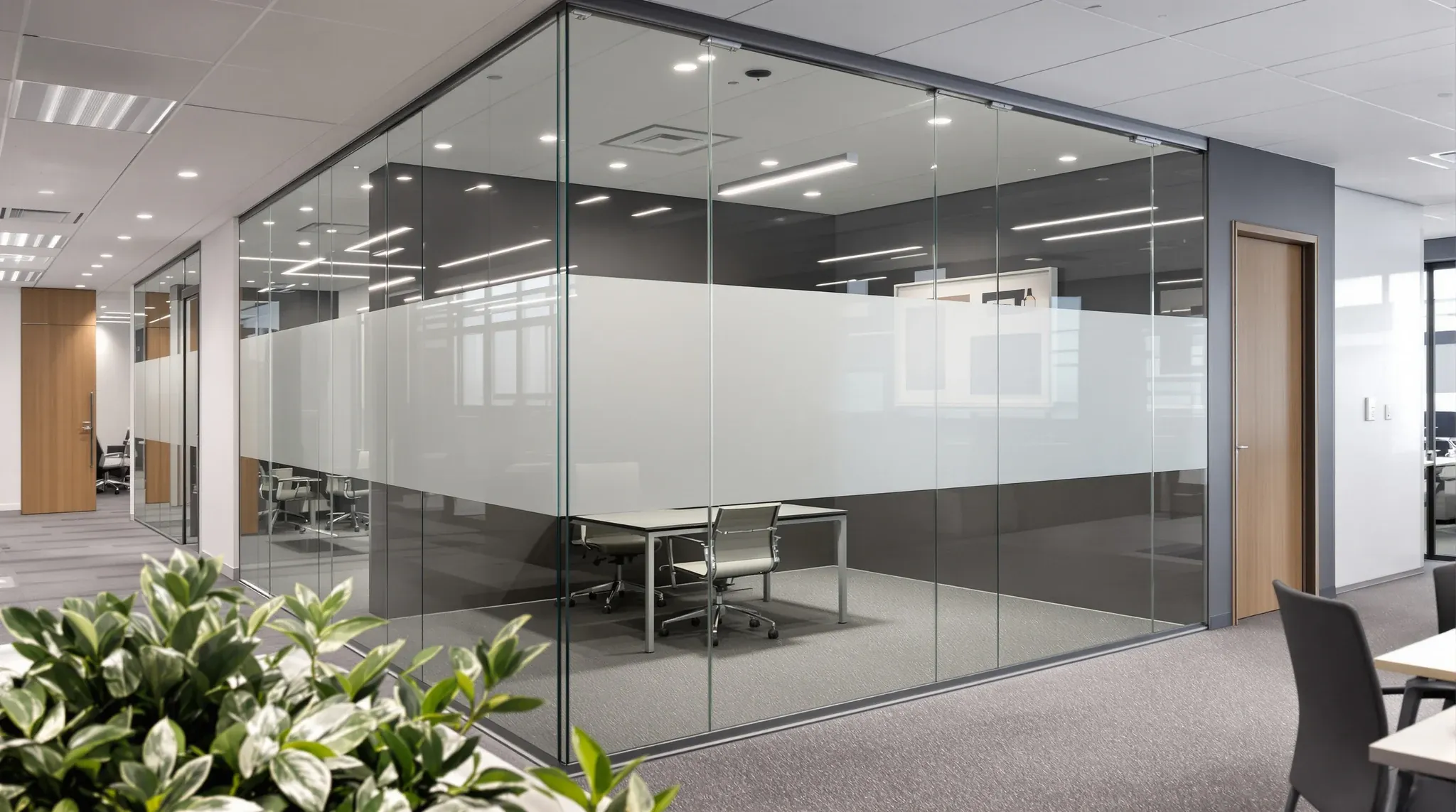 An executive office with a plain frosted band across its glass front, seen past plants across open-plan desks