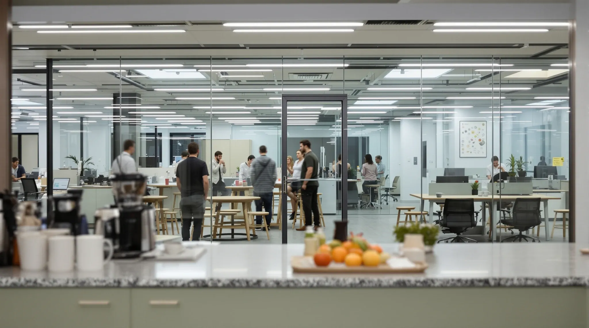A glass wall separating a busy staff kitchen from a quiet work area beyond