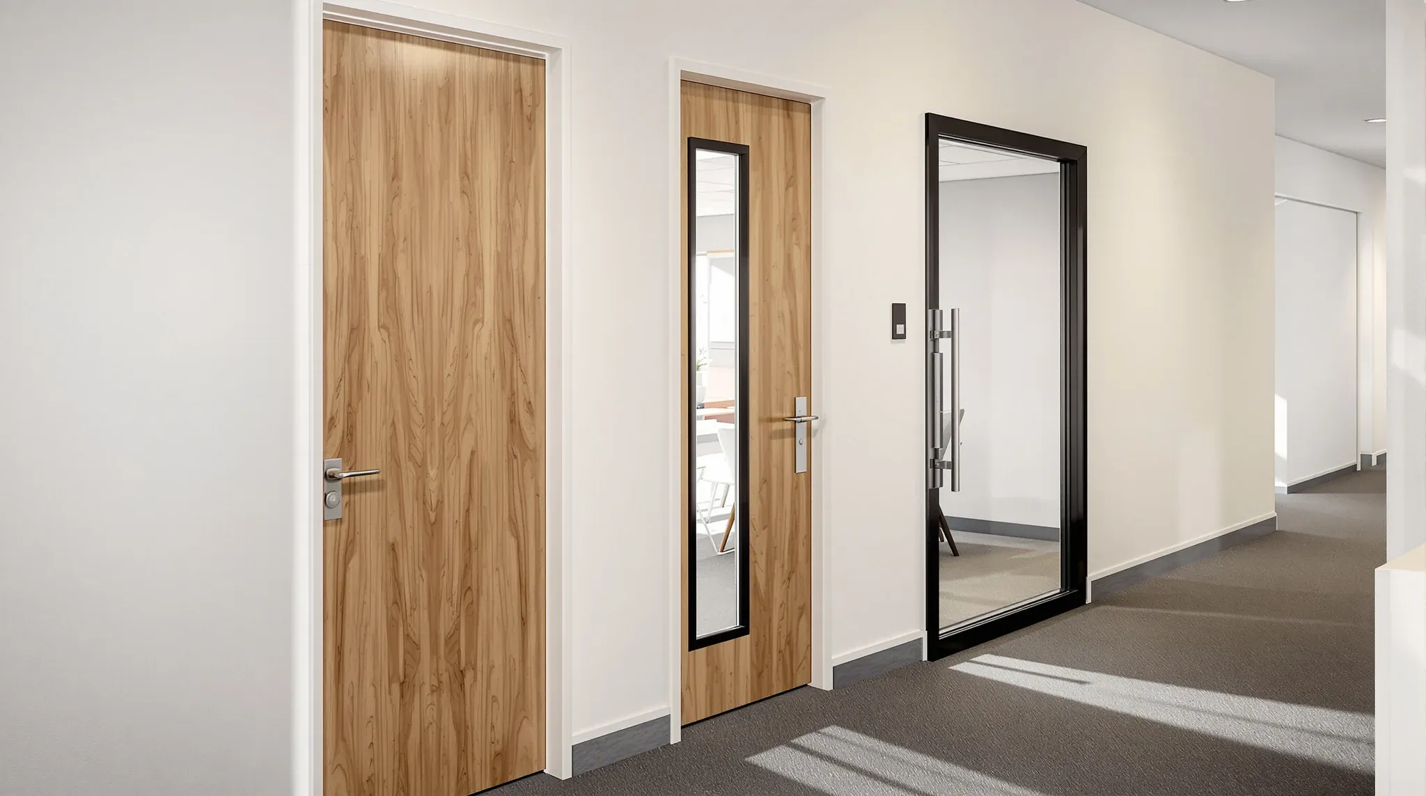 Three office doors in a row: a solid timber door, a door with a vision panel and a full glass door