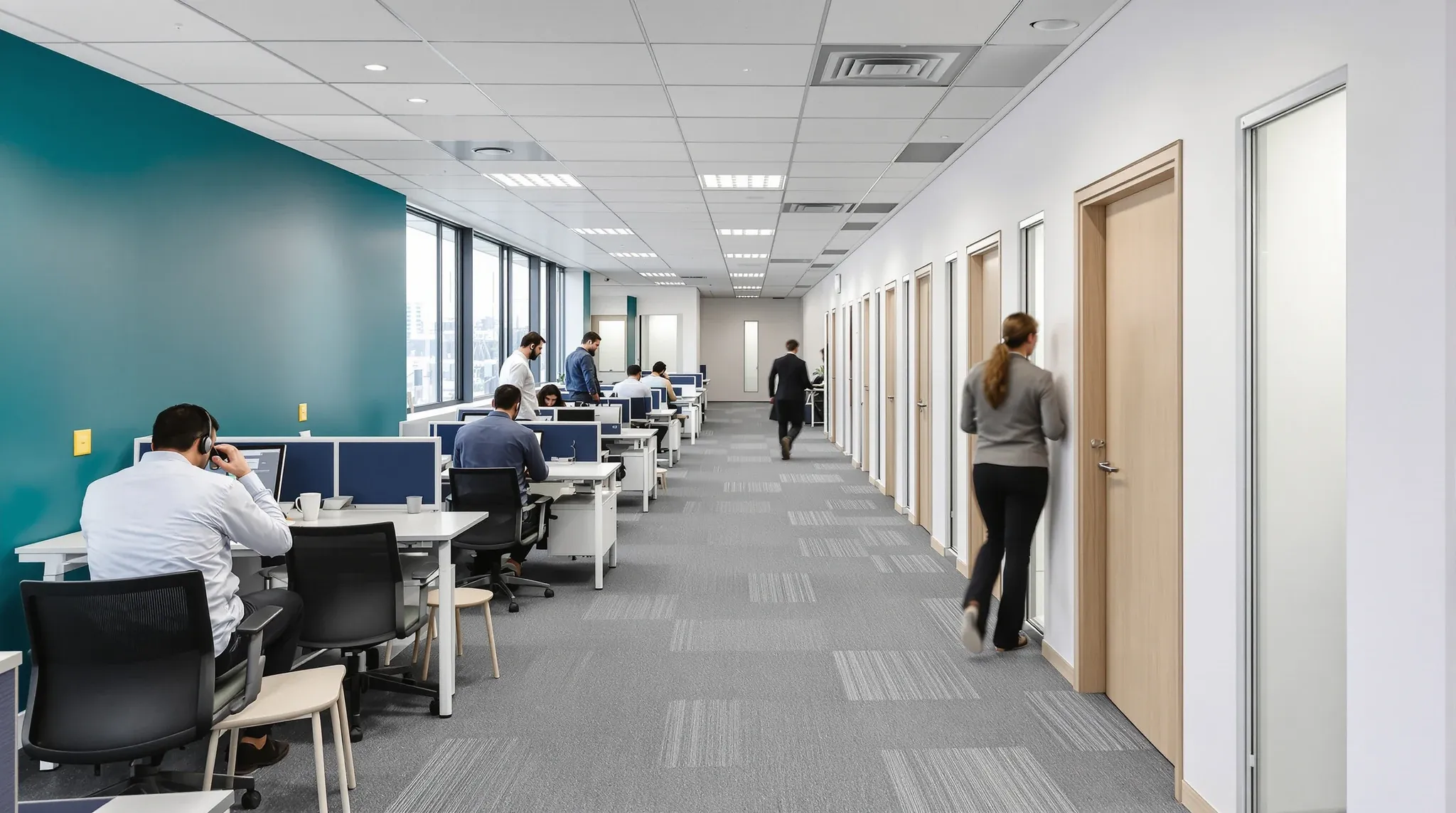 A recruitment sales floor with consultants on headsets and small interview rooms along the back wall
