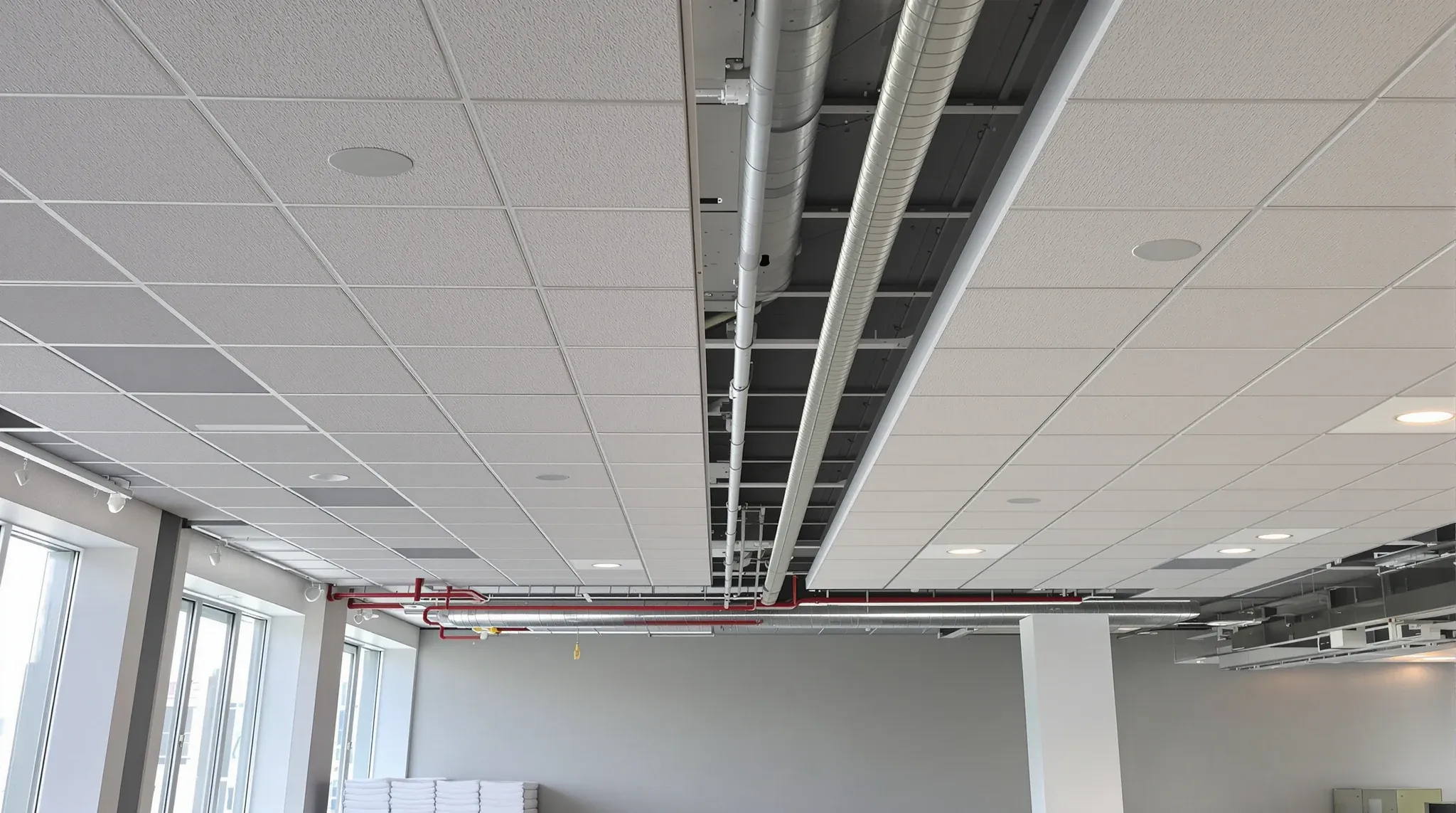 An empty suspended ceiling grid on an office floor with the first tiles being laid
