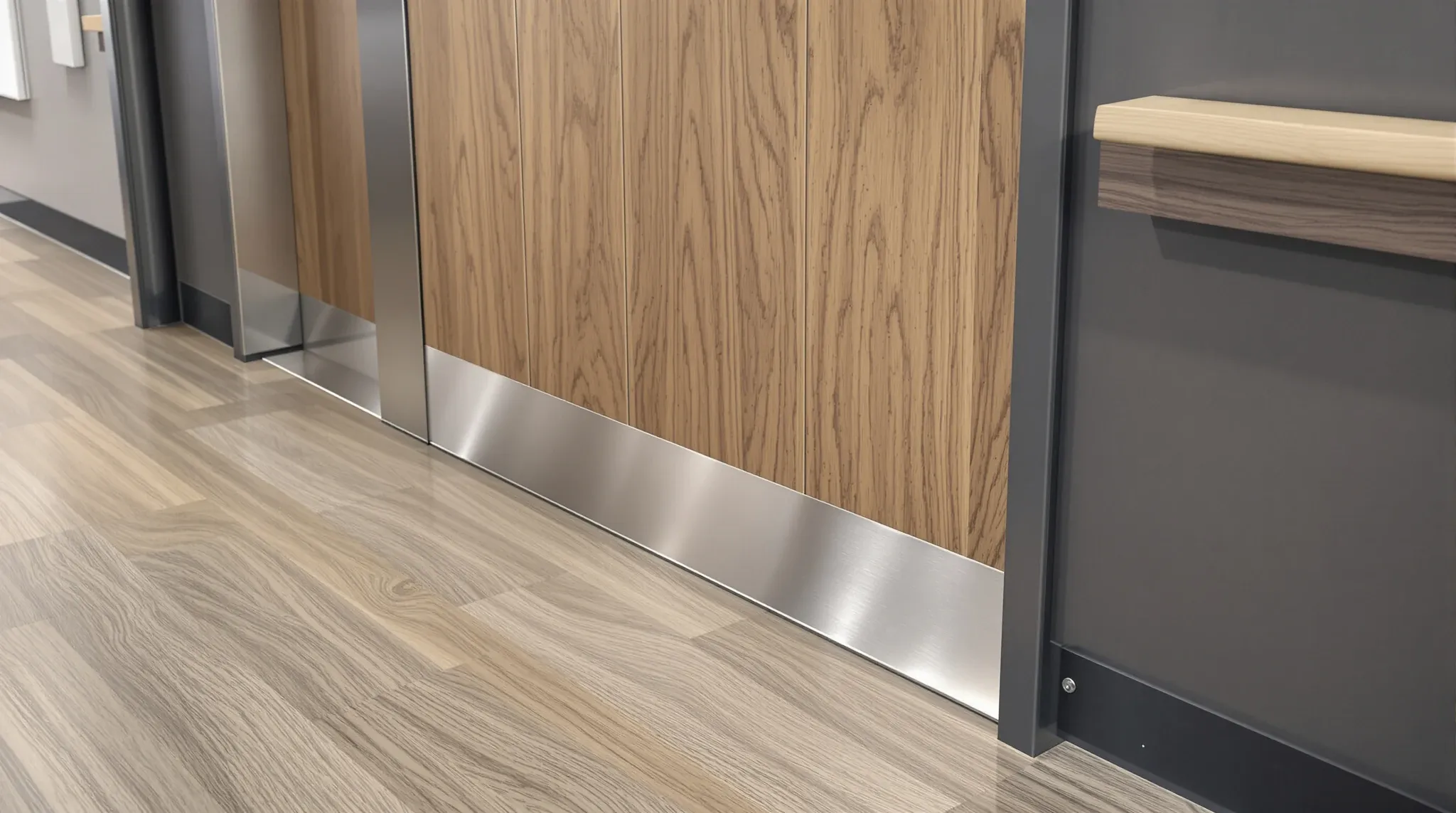 A hard-wearing office door with a stainless kick plate and a wall protection rail