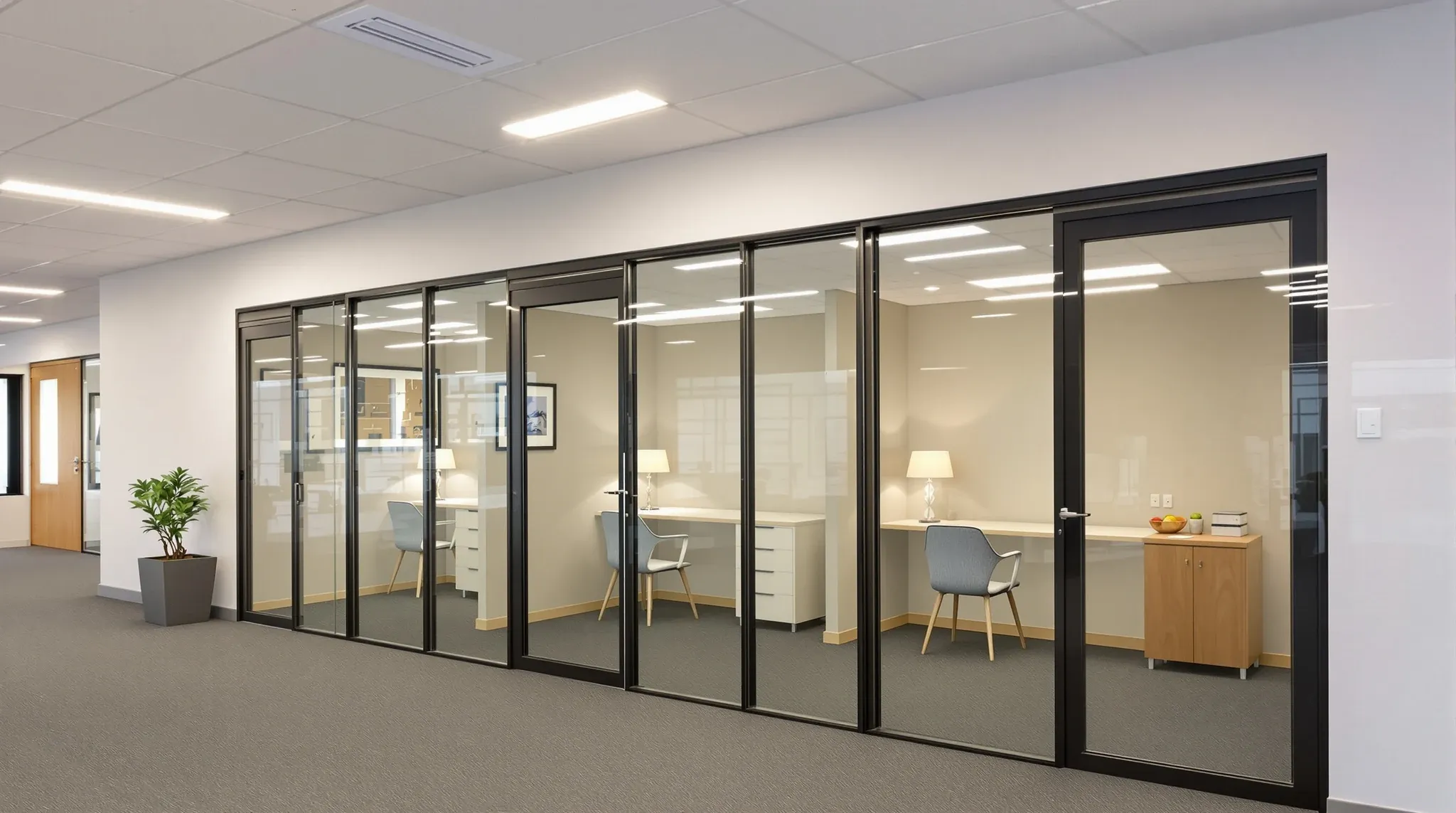 Three small glass-fronted offices along a windowless internal suite, lit by ceiling panels and desk lamps