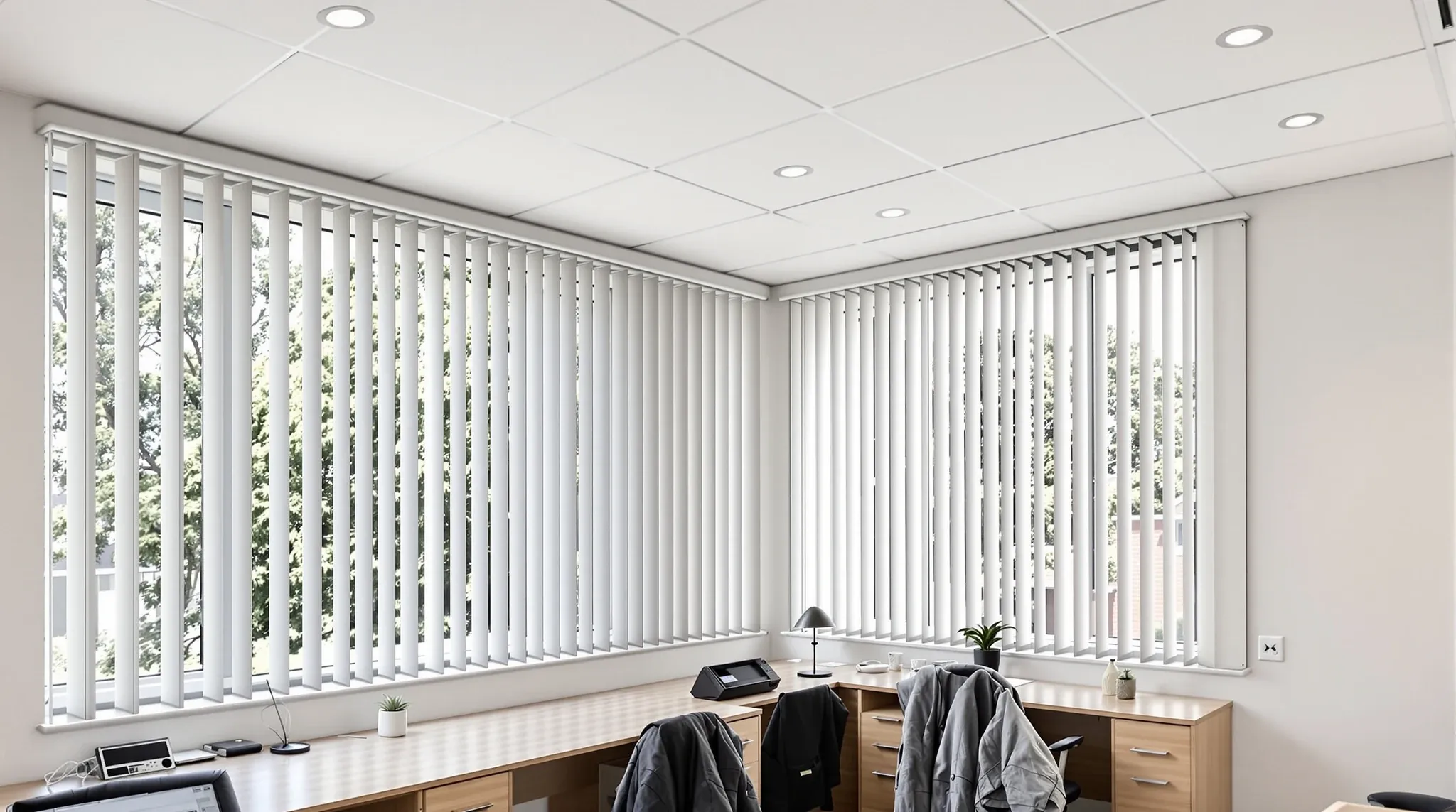 A refurbished older office with a crisp new white suspended ceiling above desks in late afternoon sun