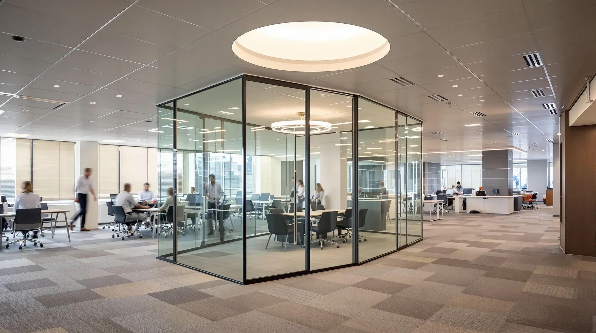 A glass meeting room on an office floor with a ceiling diffuser above it