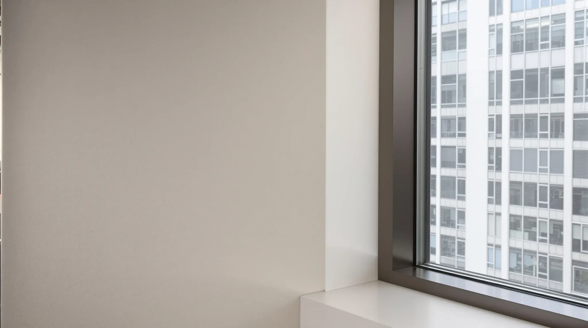 A plasterboard office wall finished neatly against an older window mullion