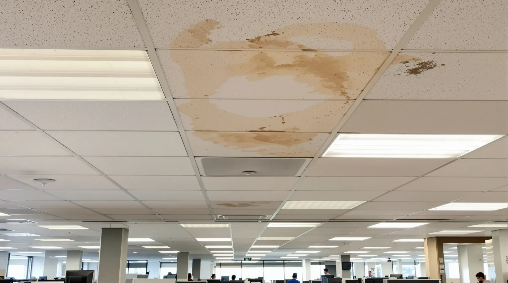 A water-stained and misaligned ceiling tile above a desk in a well-used office