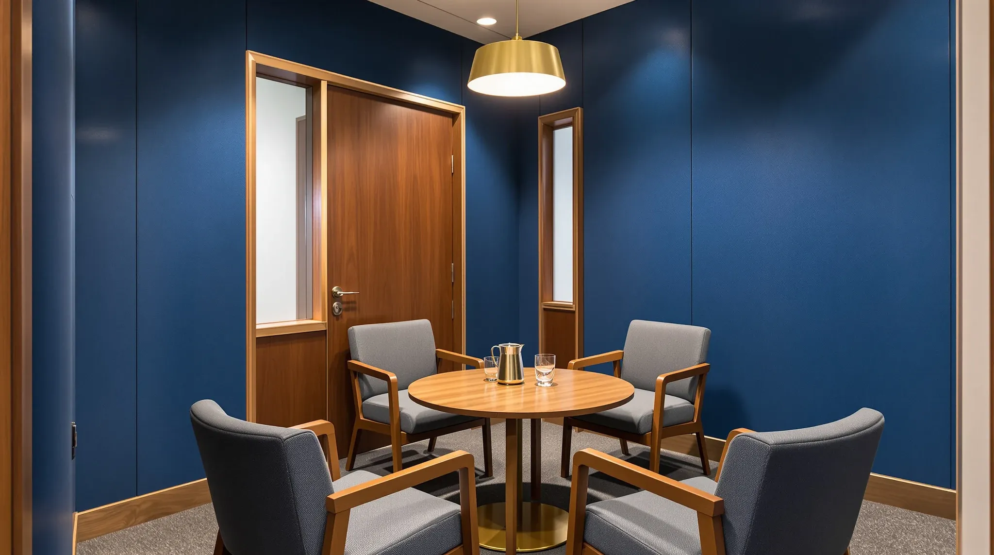 A small confidential meeting room with fabric acoustic panels, a round table and a closed solid door