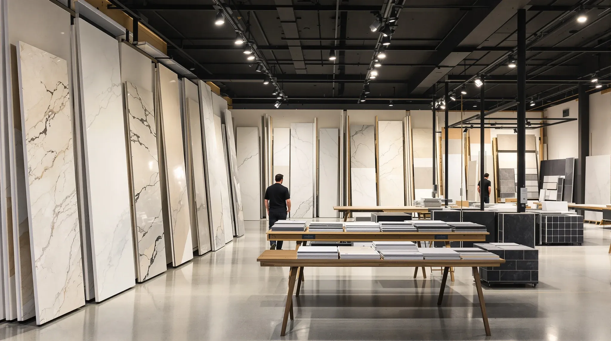A stone and tile showroom with large slabs on display racks and a consultation table