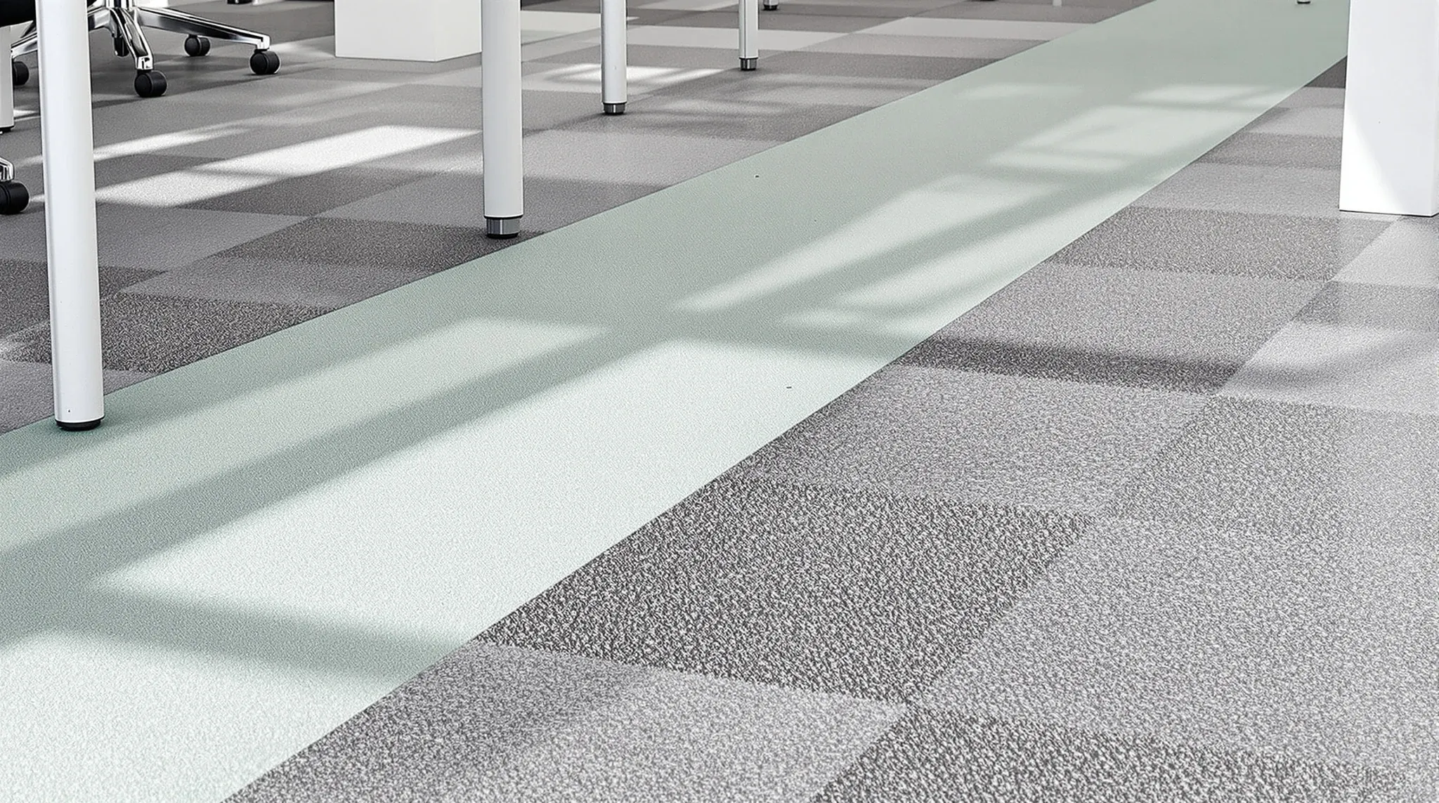 An office walkway of textured grey carpet tiles in mixed tones, with a teal band leading between desks
