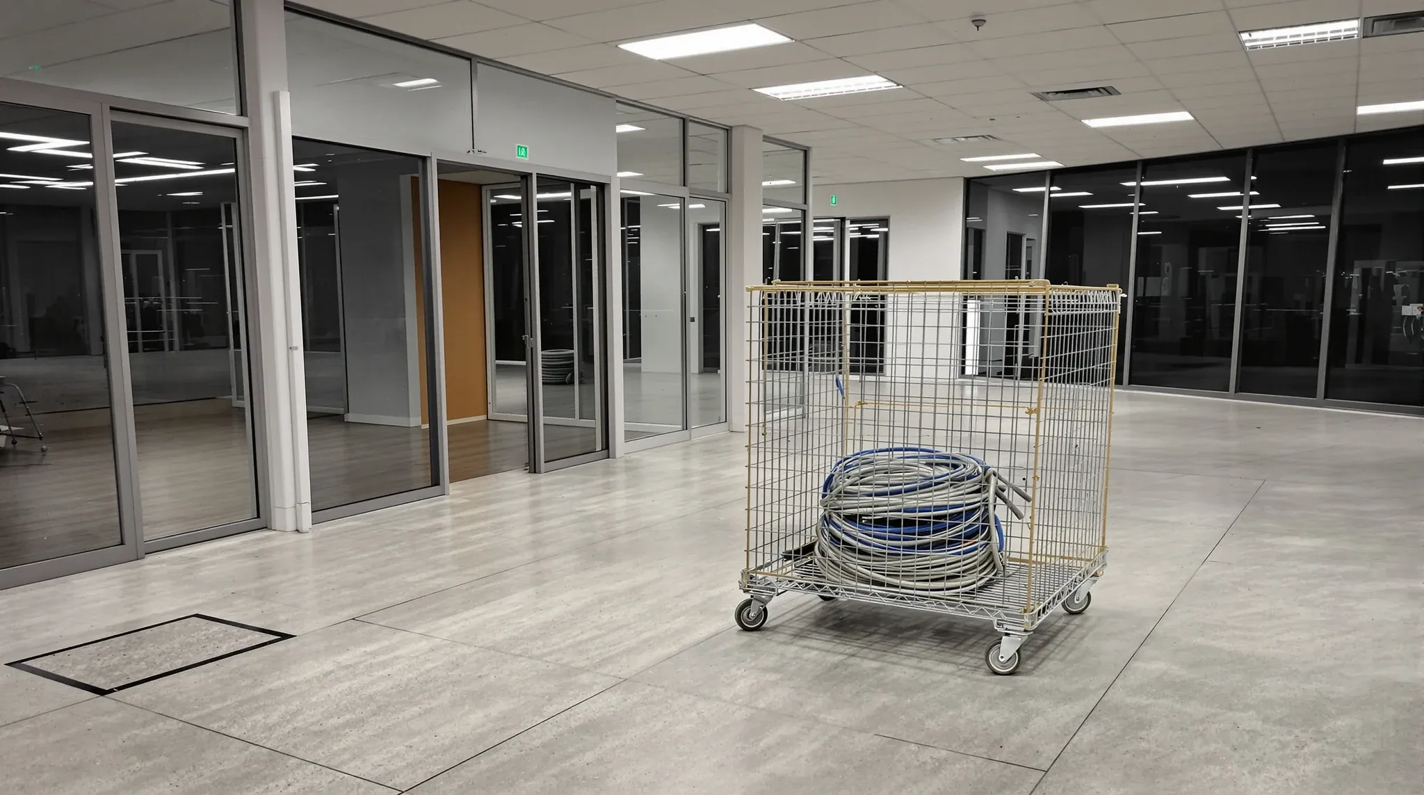 A mesh cage of coiled removed data and power cable waiting by the door of a cleared office floor