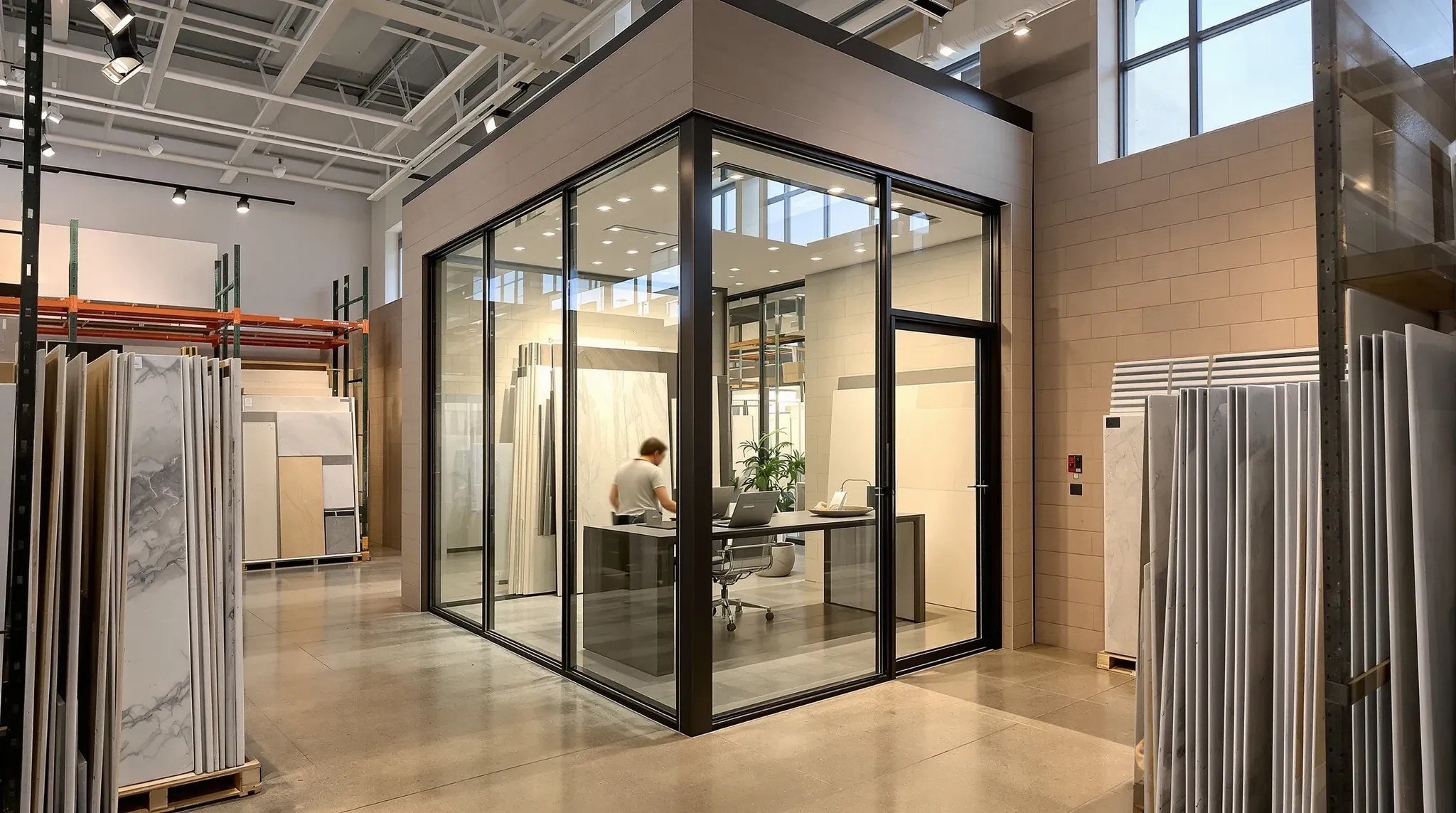 A new glass office built into the corner of a stone and tile showroom