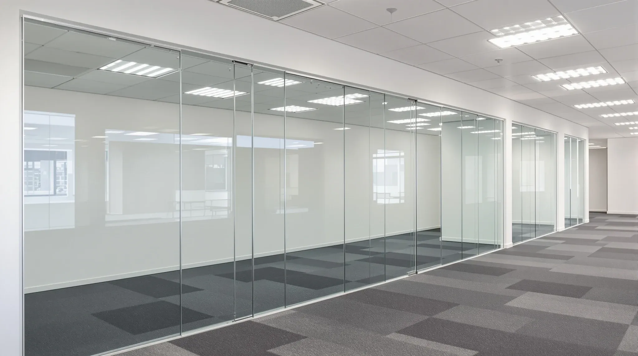 A newly finished row of empty meeting rooms with straight frameless glass fronts on handover day