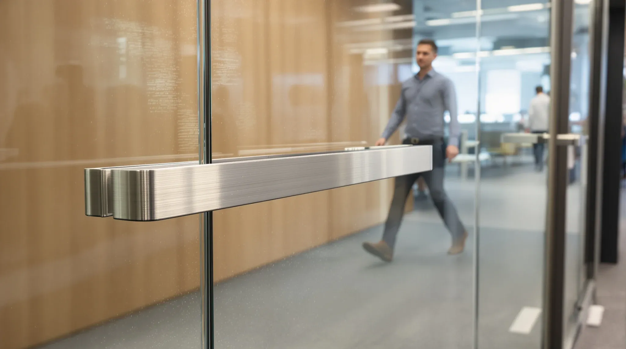 A well-used frameless glass meeting room door with a stainless pull handle