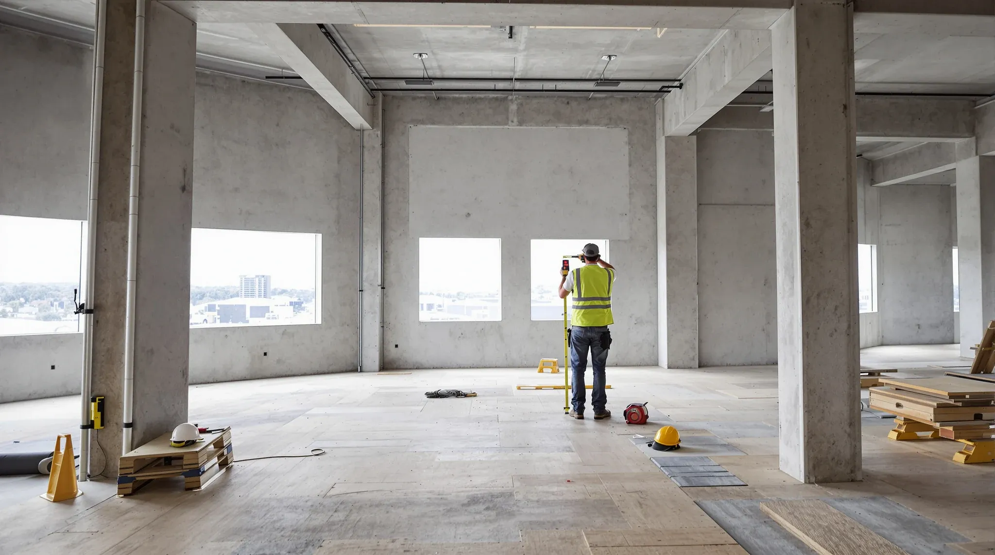 An estimator measuring a bare office floor before pricing a fit-out