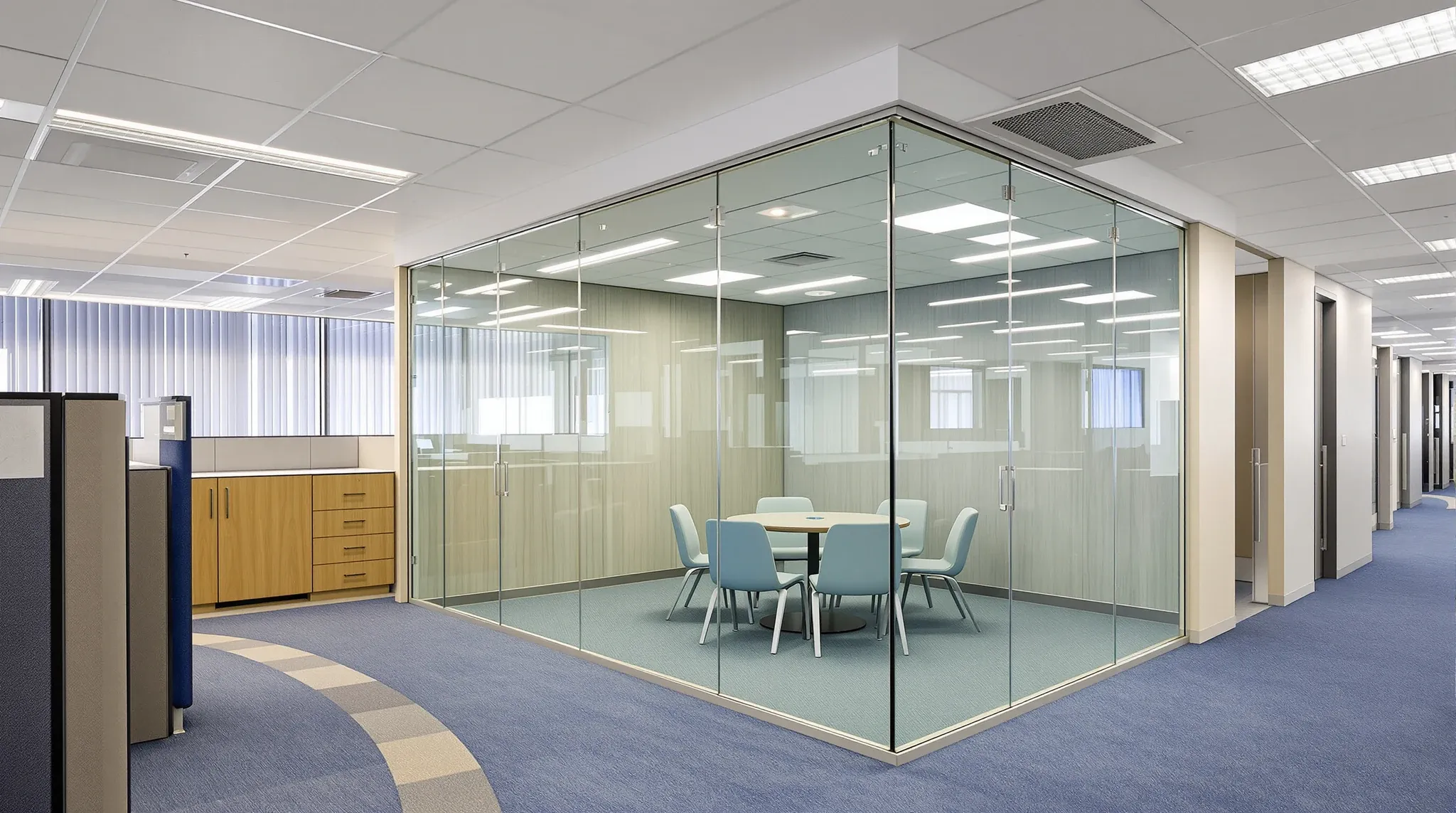 A new frameless glass room fitted under an existing ceiling grid in an older office fitout