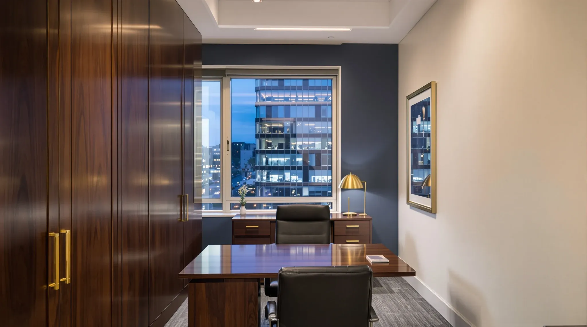 A private partner office in a law firm with a timber desk, built-in joinery and a window at dusk