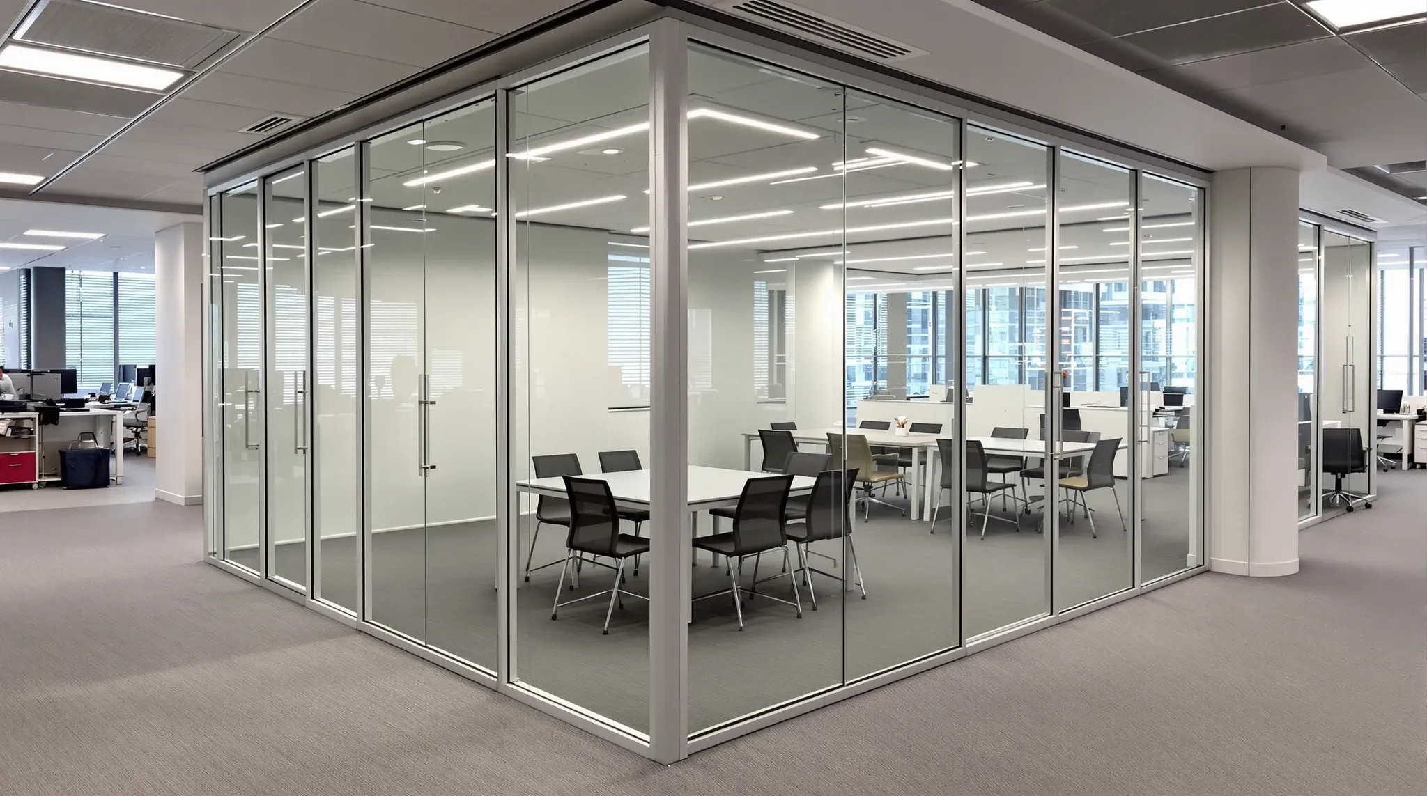 A clean glass walled meeting room on an ordinary open plan office floor