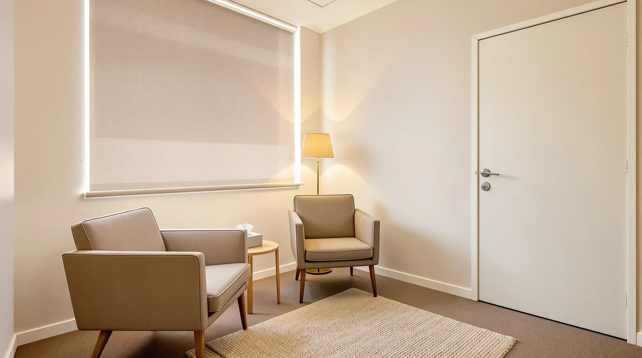 A calm counselling room with two armchairs, a lamp and a sheer blind