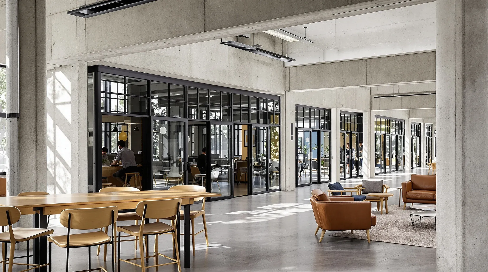 A coworking floor with a long communal table in front, a lounge corner beyond and glass-fronted studios behind