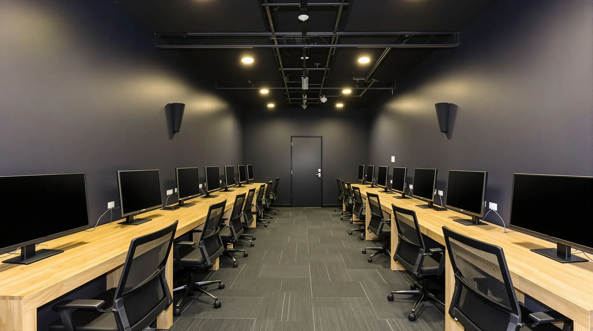 Gaming lounge with two rows of desks and switched-off monitors under a dark ceiling with cable trays
